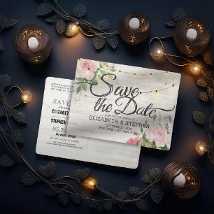 Carte Postale Faire-part Lumières de chaîne florales en bois rustique Enreg