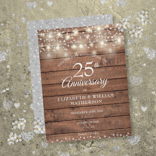 Carte Postale Faire-part Lumières de chaîne pour 25e anniversaire Bois Enre