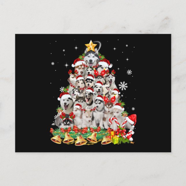Carte Postale Faire-part Lumières de sapin de Noël husky sibérien | chien d (Devant)