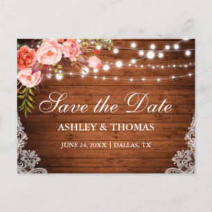 Carte Postale Faire-part Lumières en Bois Rustique Dentelle Corail Floral E