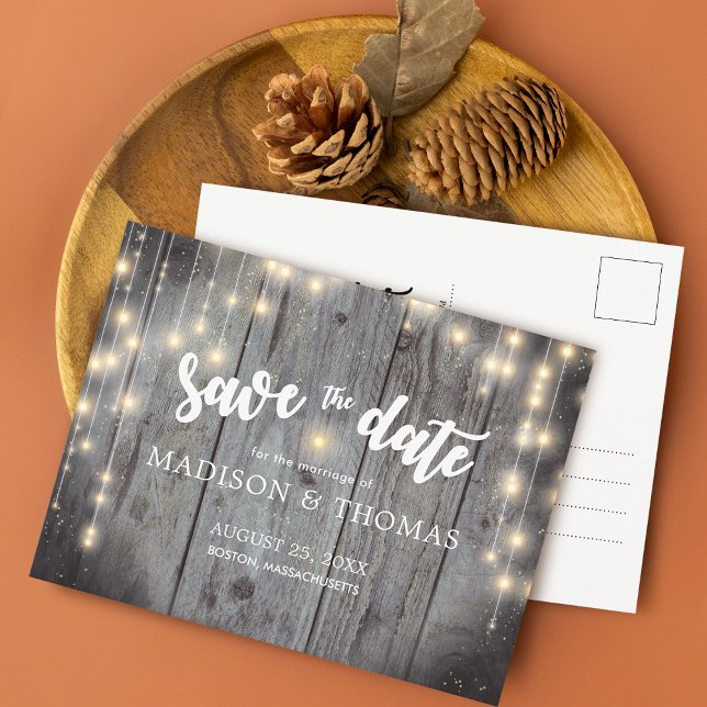 Carte Postale Faire-part Lumières Rustiques Bois Mariage Enregistrer La Dat (Rustic Lights Wood Wedding Save The Date Announcement Postcard)