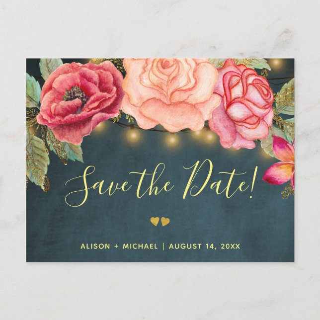 Carte Postale Faire-part Lumières scintillantes roses roses blush mariage e (Devant)