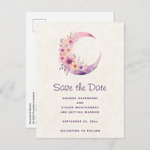 Carte Postale Faire-part Lune rose Croissant avec Jolie Fleurs Mariage