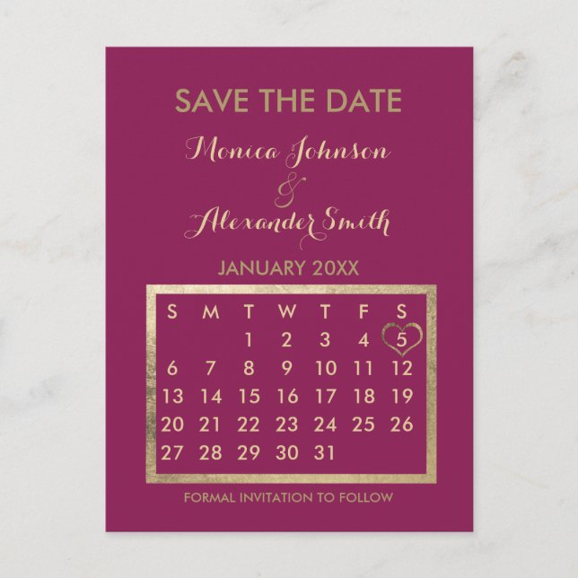 Carte Postale Faire-part Luxury Burgundy Gold Calendar Save the Date (Devant)