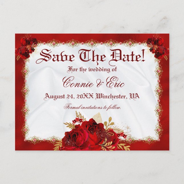 Carte Postale Faire-part Luxury Red Gold Floral Roses Mariage Enregistrer L (Devant)