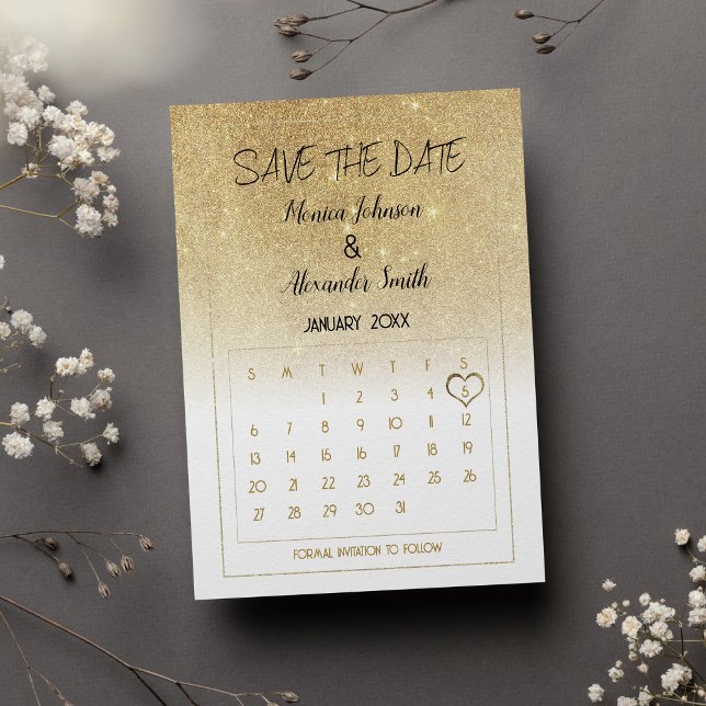 Carte Postale Faire-part Luxury White Gold Glitter Calendar Save the Date  (Luxury White Gold Glitter Calendar Save the Date Announcement )
