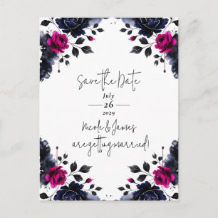 Carte Postale Faire-part Magenta Rose Bleu Encre Floral Aquarelle Sauvegard