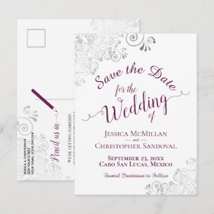 Carte Postale Faire-part Magenta sur Blanc Mariage Argenté Épargne la Date