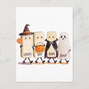 Carte Postale Faire-part Mahjong Halloween des fantômes tenant des tuiles e