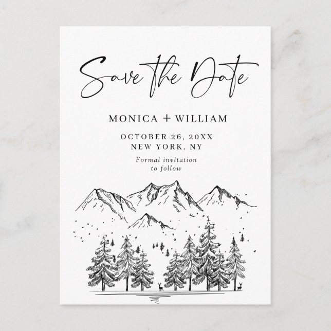 Carte Postale Faire-part Main Drawn Mountains Forest Wedding Enregistrer la (Devant)