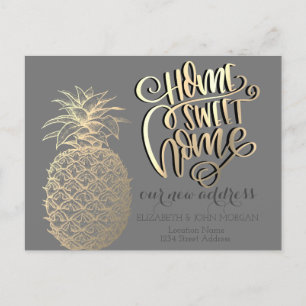 Carte Postale Faire-part Maison Douce Maison, Ananas Doré Tropical Gris