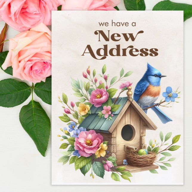 Carte Postale Faire-part Maisonnette oiseaux changement d'adresse oiseau bl (Birdhouse/blue jay change of address postcard)