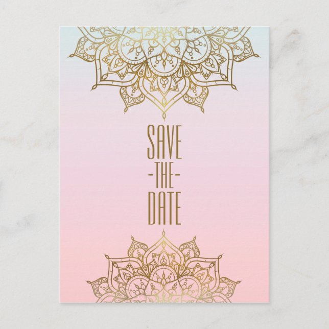 Carte Postale Faire-part Mandala doré rose pêche élégant chic save the date (Devant)