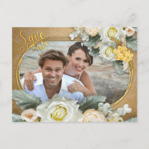 Carte Postale Faire-part Mandalas en Or, cadre photo en roses blanches