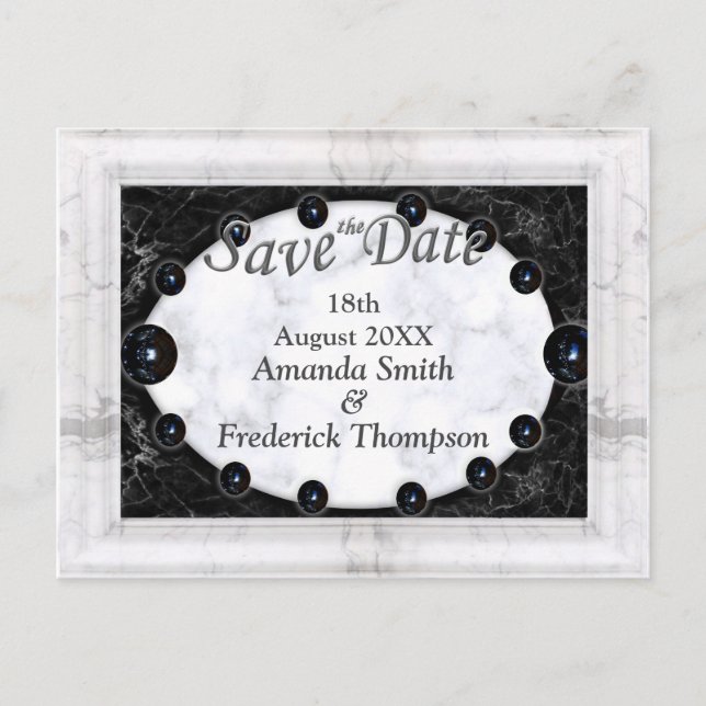 Carte Postale Faire-part Marbre blanc et noir opulent + sphères (Devant)