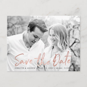 Carte Postale Faire-part Marbre blanc Moderne Rose Gold Script Enregistrer 