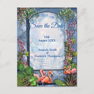 Carte Postale Faire-part Marbre bleu et Flamants roses roses