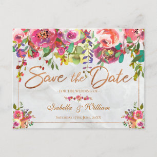 Carte Postale Faire-part Marbre de cuivre floral moderne chic Enregistrer l