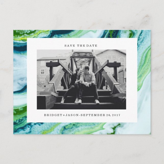 Carte Postale Faire-part Marbre Vert Bleu Moderne Photo  SAUVER LA DATE (Devant)