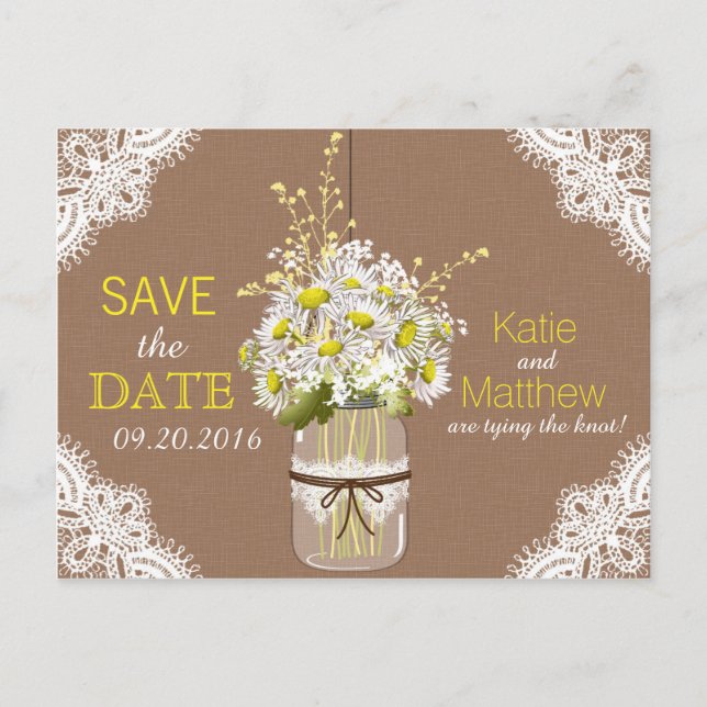 Carte Postale Faire-part Marguerites rustiques et dentelle Save the Date (Devant)
