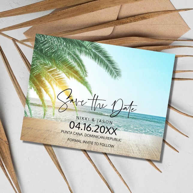 Carte Postale Faire-part Mariage à Destination de Plage Tropicale Enregistr (Tropical Beach Destination Wedding Save the Date)