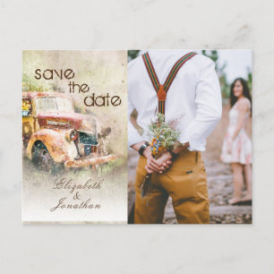 Carte Postale Faire-part Mariage à la Campagne avec un Camion Vintage "Save