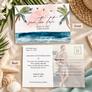 Carte Postale Faire-part Mariage à la plage avec palmier à l'aquarelle Enre