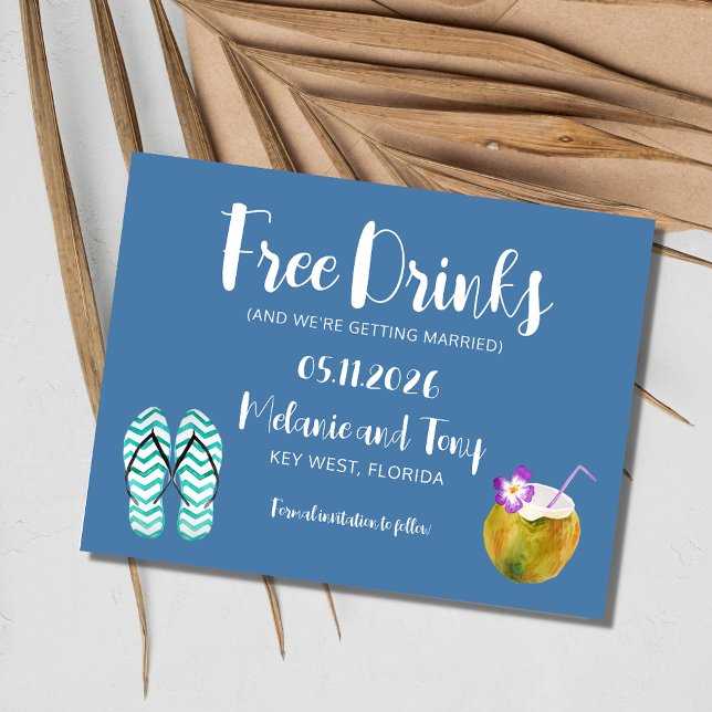 Carte Postale Faire-part Mariage à la Plage Boissons Gratuites Save the Dat (Free Drinks Beach Wedding Save the Date Postcard)
