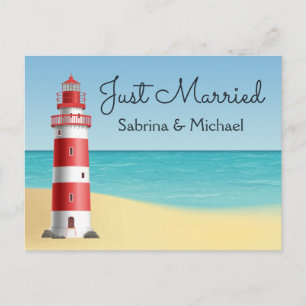 Carte Postale Faire-part Mariage à la plage juste mariée du phare