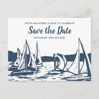 Carte Postale Faire-part Mariage à la voile nautique, date à retenir