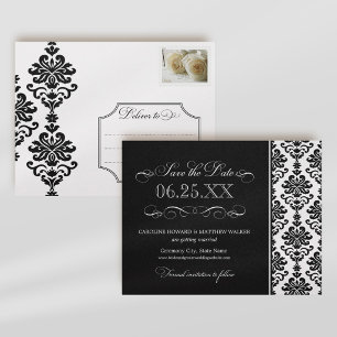 Carte Postale Faire-part Mariage à motifs de damas noir dramatiques