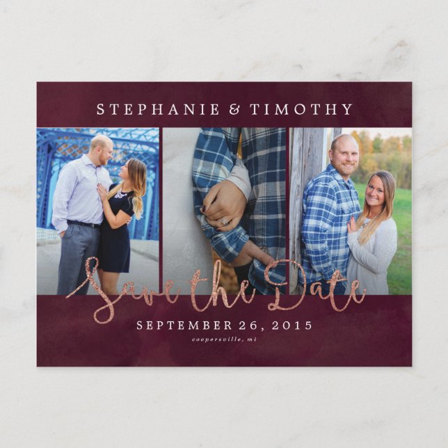 Carte Postale Faire-part Mariage à retenir - Vin Rouge et Or Rose (Devant)