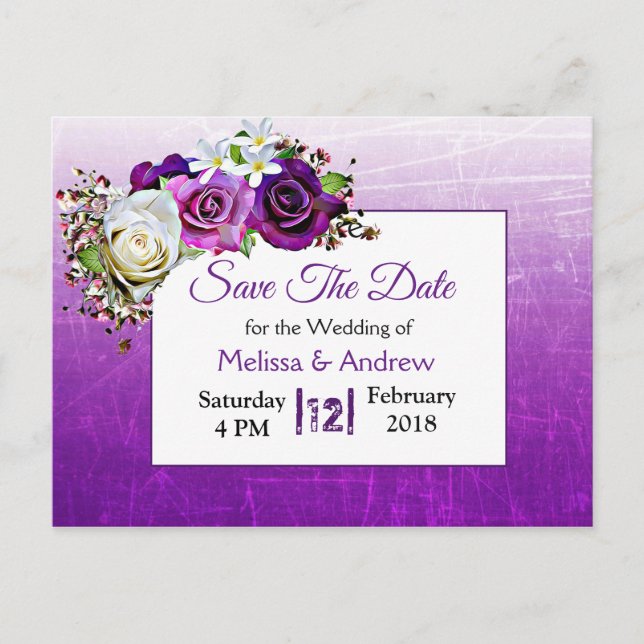 Carte Postale Faire-part Mariage au bouquet de rose violet Enregistrer la d (Devant)