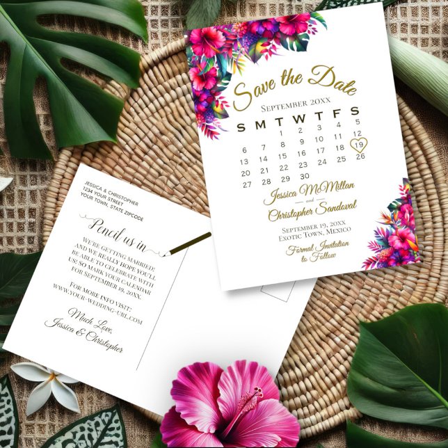 Carte Postale Faire-part Mariage au Jardin Tropical Calendrier d'Enregistre (Front/Back)