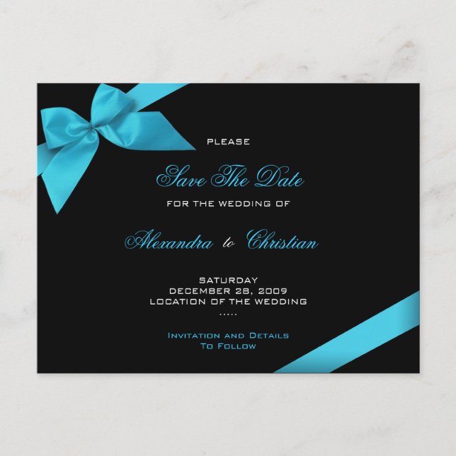 Carte Postale Faire-part Mariage au ruban turquoise Enregistrer la date 4 (Devant)