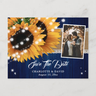 Carte Postale Faire-part Mariage au tournesol en bois bleu marine Photo