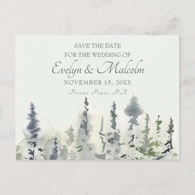 Carte Postale Faire-part Mariage aux arbres verts aquarelle de Tall Timber (Devant)