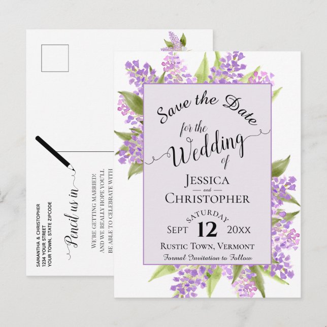 Carte Postale Faire-part Mariage aux Lilas Aquarelle Save the Date Lavande (Devant / Derrière)