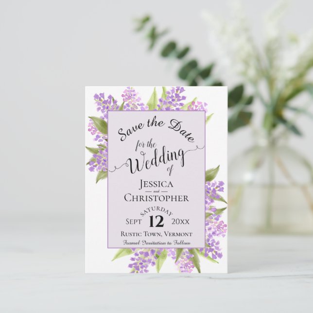 Carte Postale Faire-part Mariage aux Lilas Aquarelle Save the Date Lavande (Debout devant)