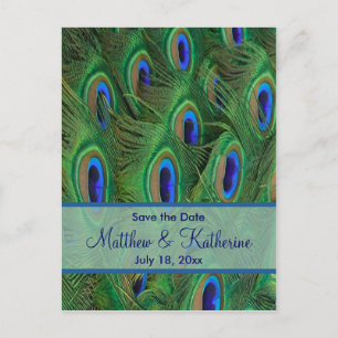 Carte Postale Faire-part Mariage aux plumes de paon vert émeraude royal ble