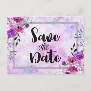 Carte Postale Faire-part Mariage avec cadre floral et argenté violet Enregi