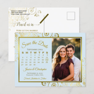 Carte Postale Faire-part Mariage bleu clair et or Enregistrer la date Calen