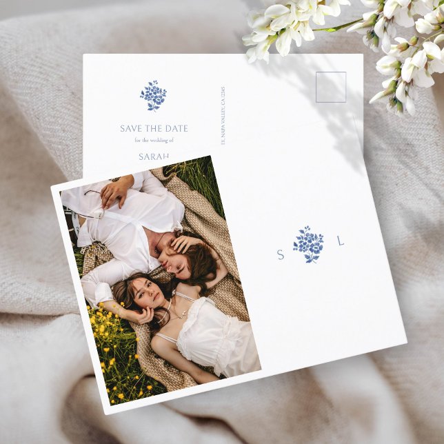Carte Postale Faire-part Mariage bleu et blanc Floral Monogramme Mariage (Créateur téléchargé)