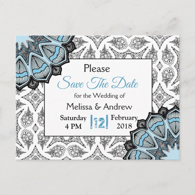 Carte Postale Faire-part Mariage bleu, noir et blanc Enregistrer la date (Devant)