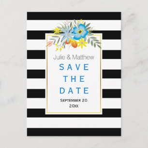 Carte Postale Faire-part Mariage Blue flowers & stripes Enregistrer la date