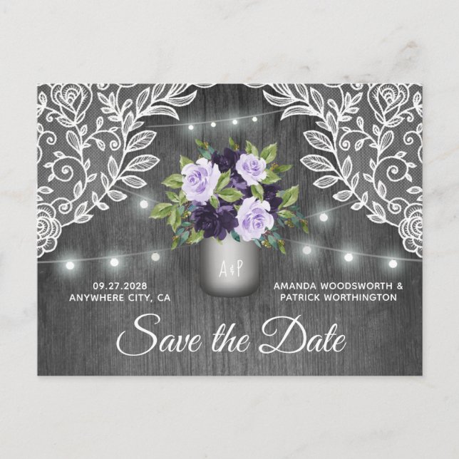 Carte Postale Faire-part Mariage Bocal Mason Violet Argent Enregistrer la D (Devant)