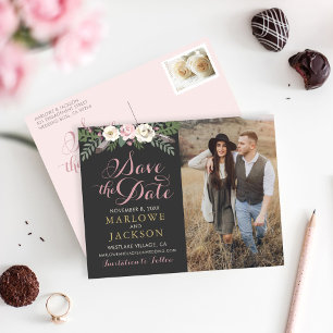 Carte Postale Faire-part Mariage Bohème Floral Rose Foncé et Maussade