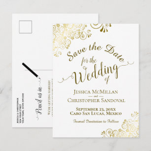 Carte Postale Faire-part Mariage Calligraphie Dorée Enregistrez la Date Bla