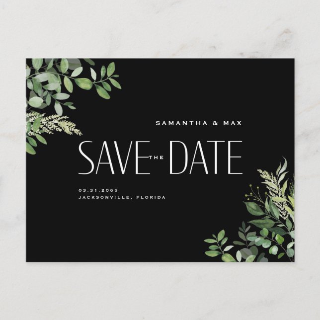 Carte Postale Faire-part Mariage Contemporain de Feuillage Noir Épargnez la (Devant)