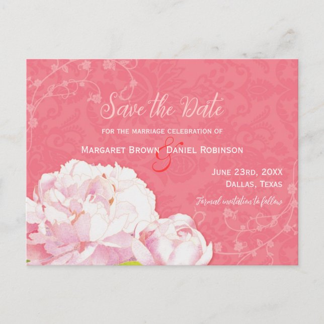 Carte Postale Faire-part Mariage Coral Pink Peony Enregistrer la date (Devant)